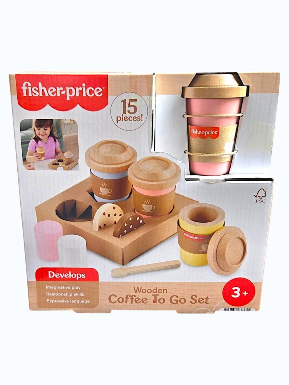 Fisher Price Wood Pretend Play Coffee to Go Cafe Set Wooden 15 Piece Playset